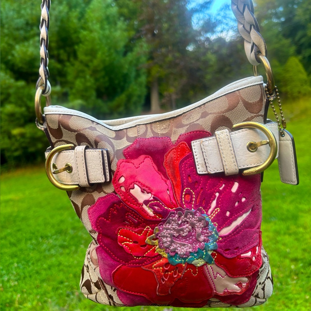 Vintage Coach Brown Signature Crossbody with Pink & Red Floral Appliqué